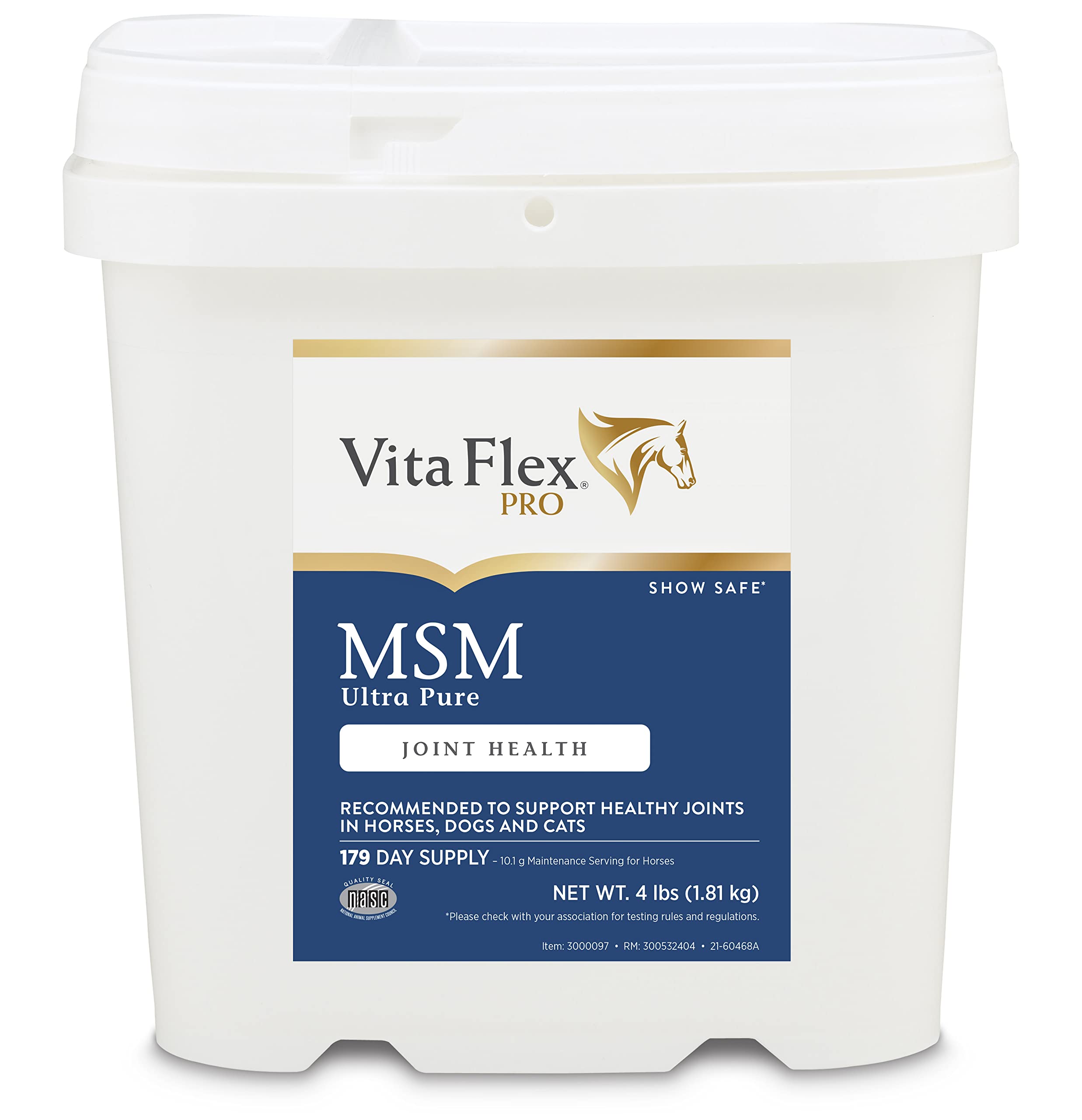 Vita Flex MSM Ultra Pure, polvo blanco, apoya articulaciones flexibles en perros, gatos y caballos.