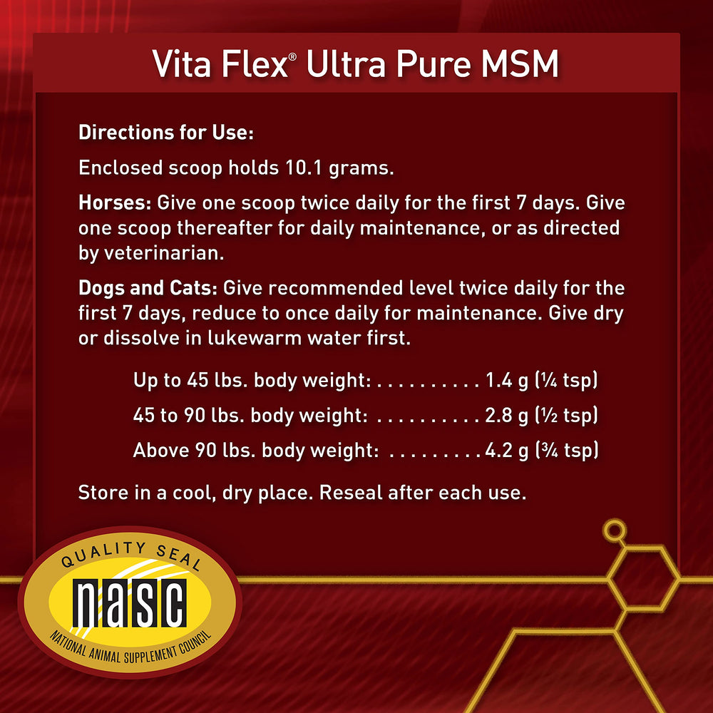 Soporte para tendones y ligamentos con Vita Flex MSM Ultra Pure en caballos y perros.