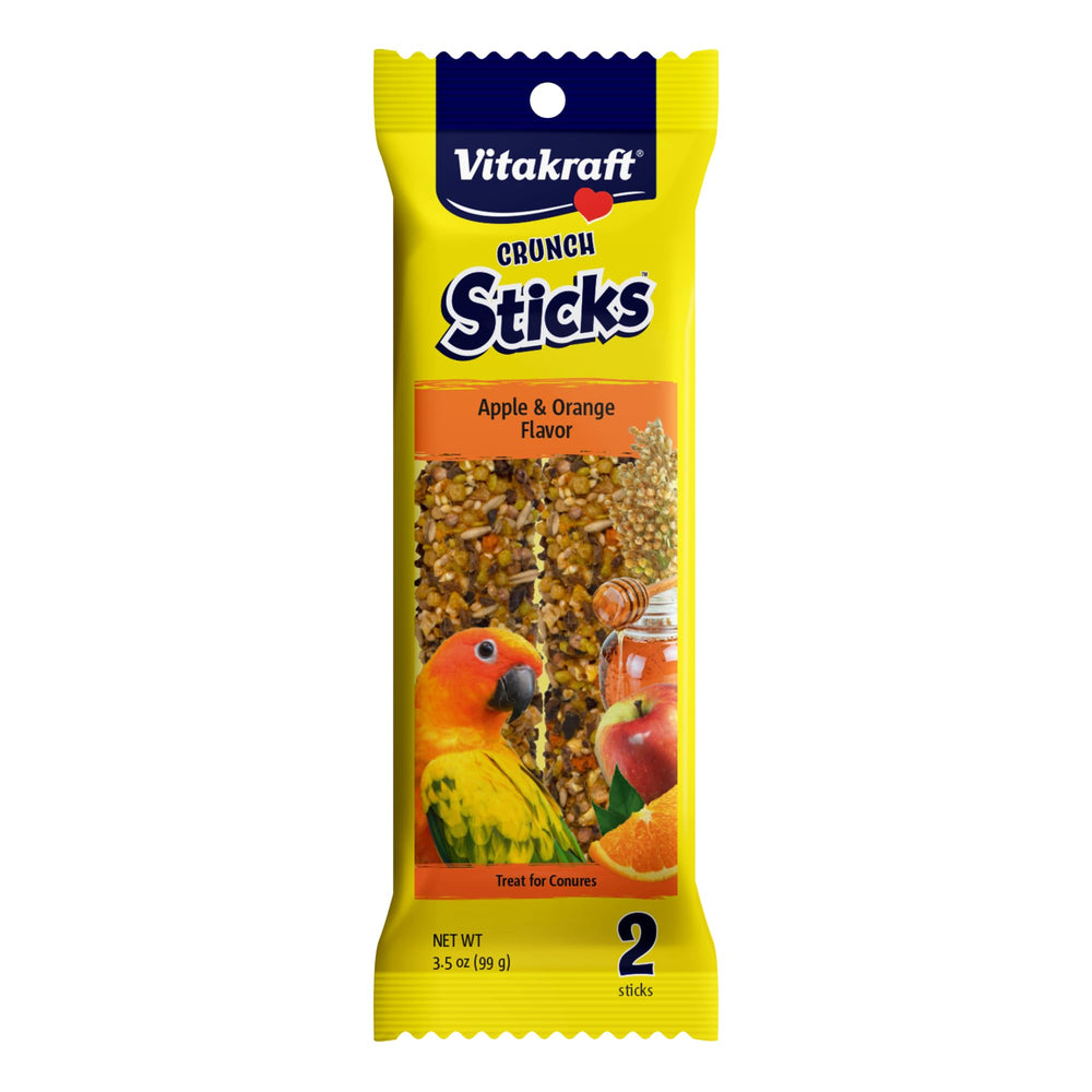 Vitakraft Crunch Sticks Conure, frente: snack sabroso con manzana y naranja para explorar.