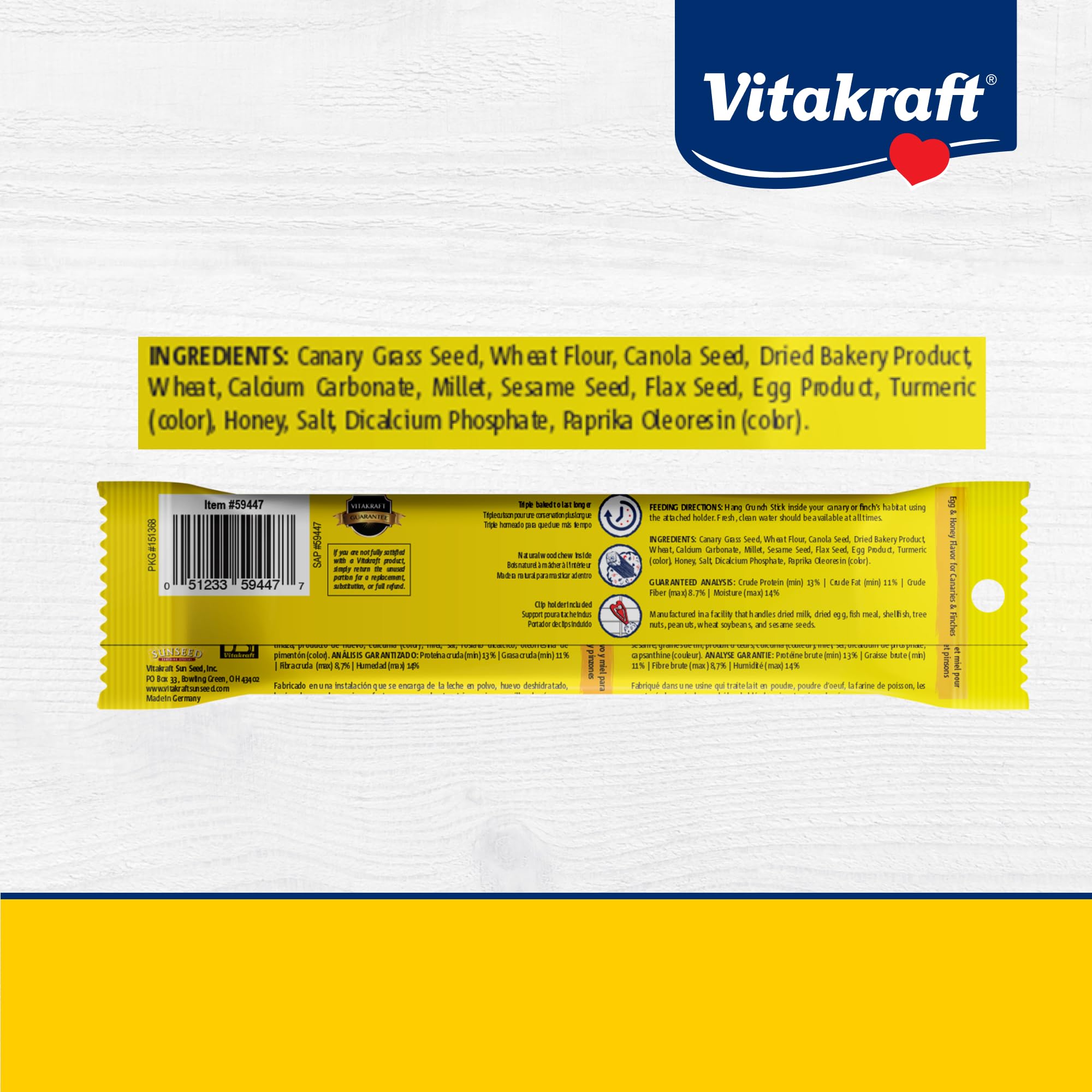 Vitakraft Crunch Sticks bien fijados con clip, sin despegues.