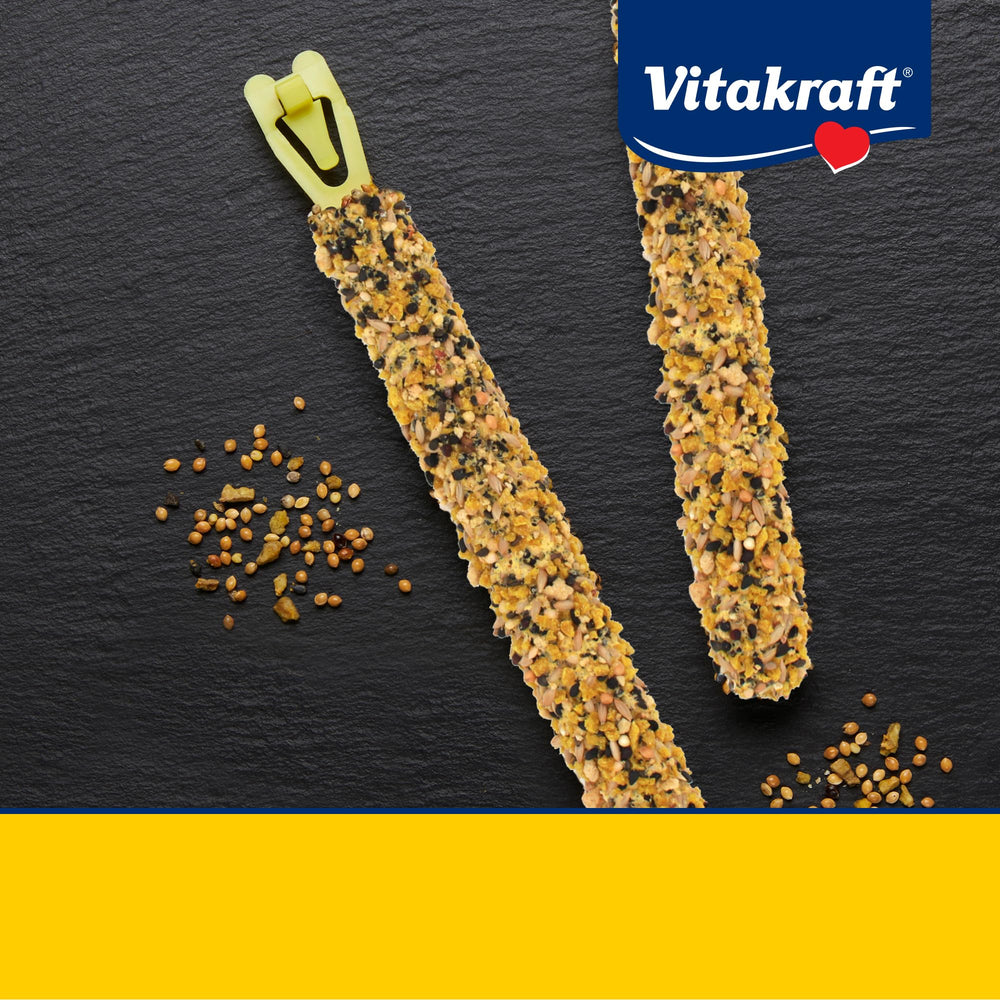 Vitakraft Crunch Sticks horneado tres veces, durabilidad para juego prolongado.