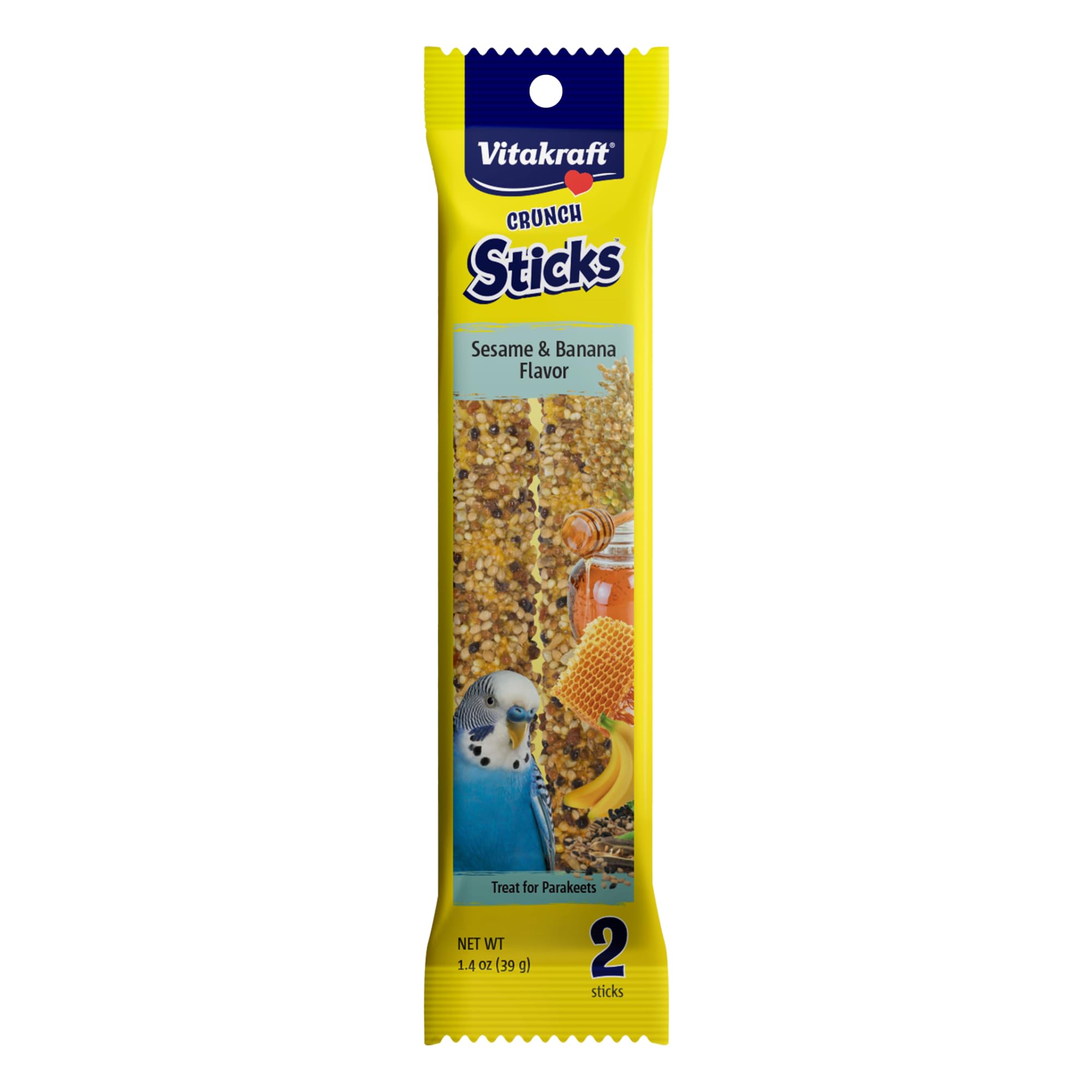 Vitakraft Crunch Sticks para periquito: sésamo y banana, sabor delicioso para estimular la curiosidad del ave.