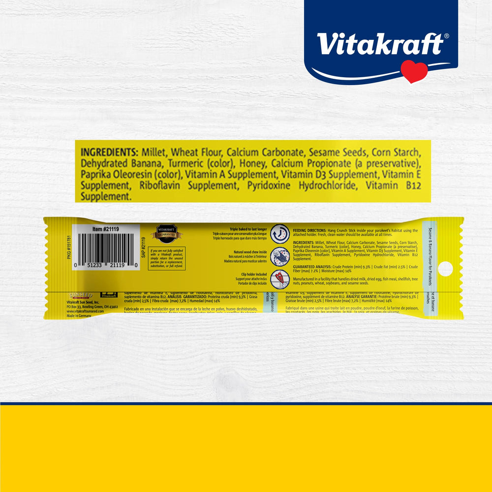 Vitakraft Crunch Sticks para periquito: textura crujiente que incentiva el forrajeo natural.
