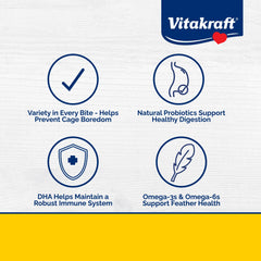 Vitakraft Menu para loros: plumas brillantes gracias a vitaminas y minerales esenciales.