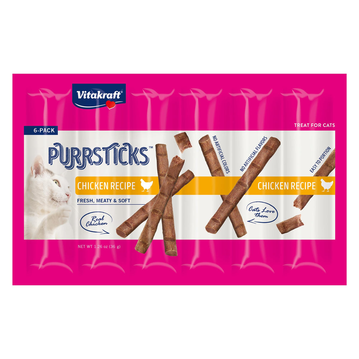 Vitakraft PurrSticks palitos de pollo, alto contenido de carne, para premiar con moderación.