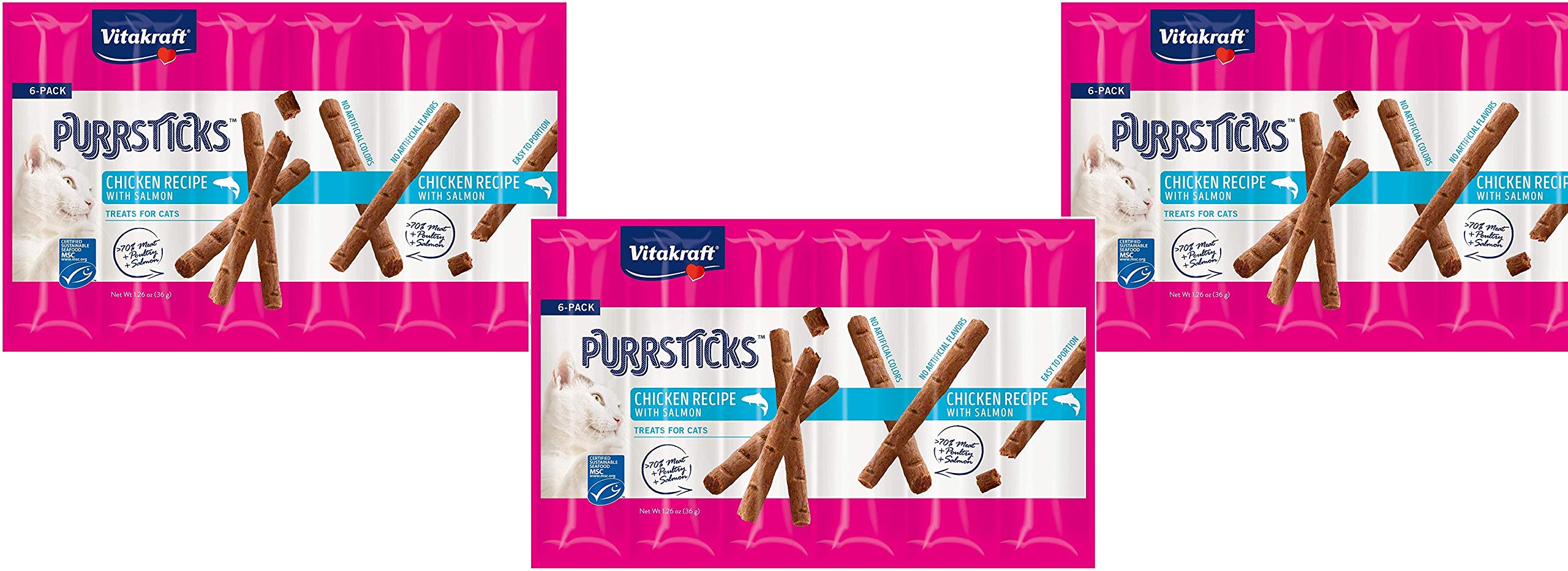 Vitakraft PurrSticks Pollo con Salmón, porciones fáciles para premiar al gato.