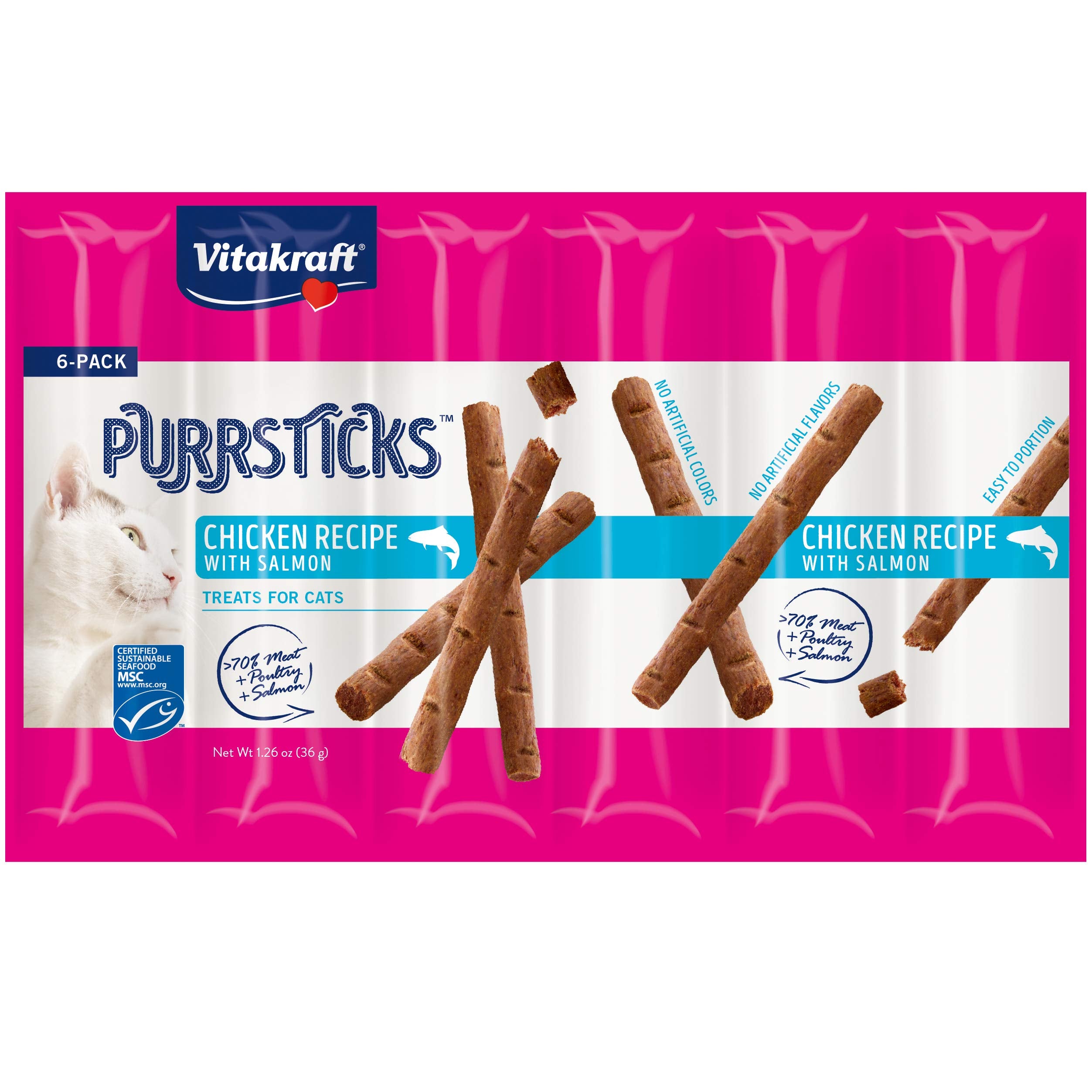 Vitakraft PurrSticks pollo-salmon, recompensa sabrosa para tu gato durante el día.