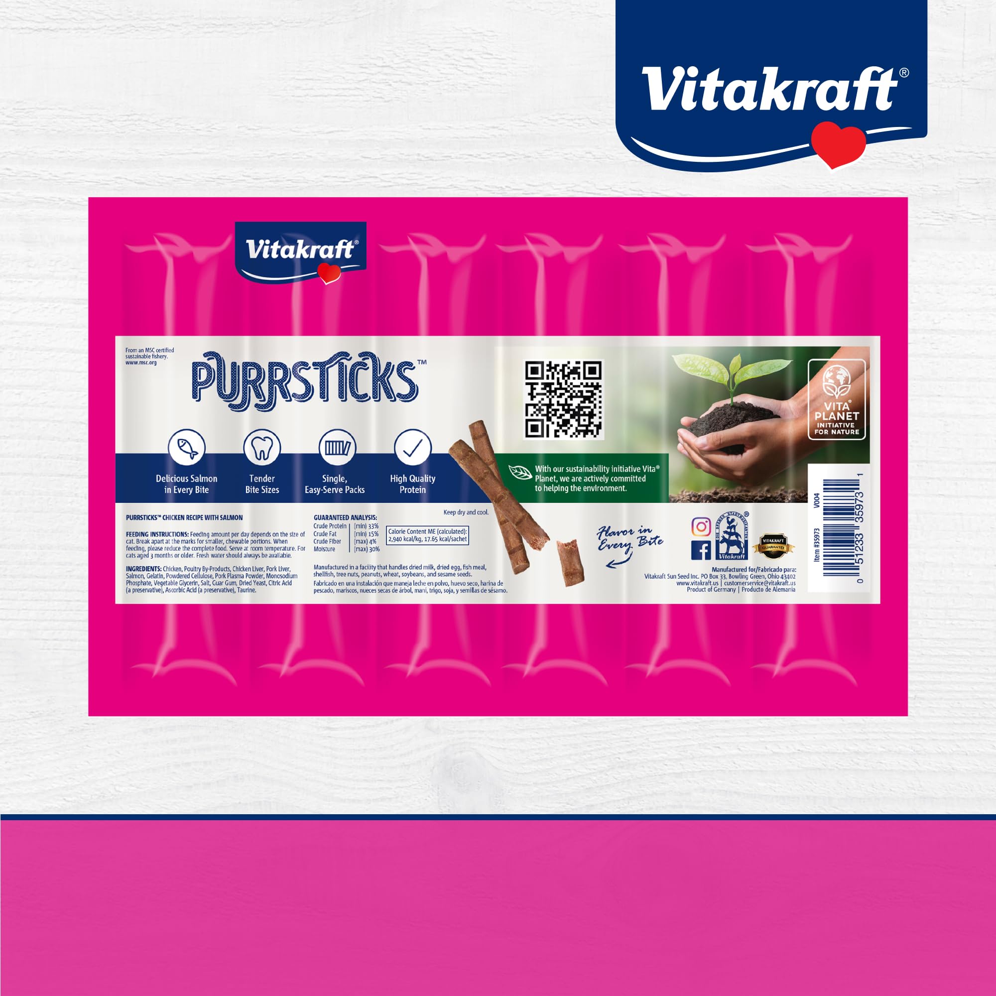 Vitakraft Purrsticks salmón, perfecto para viajes y salidas.