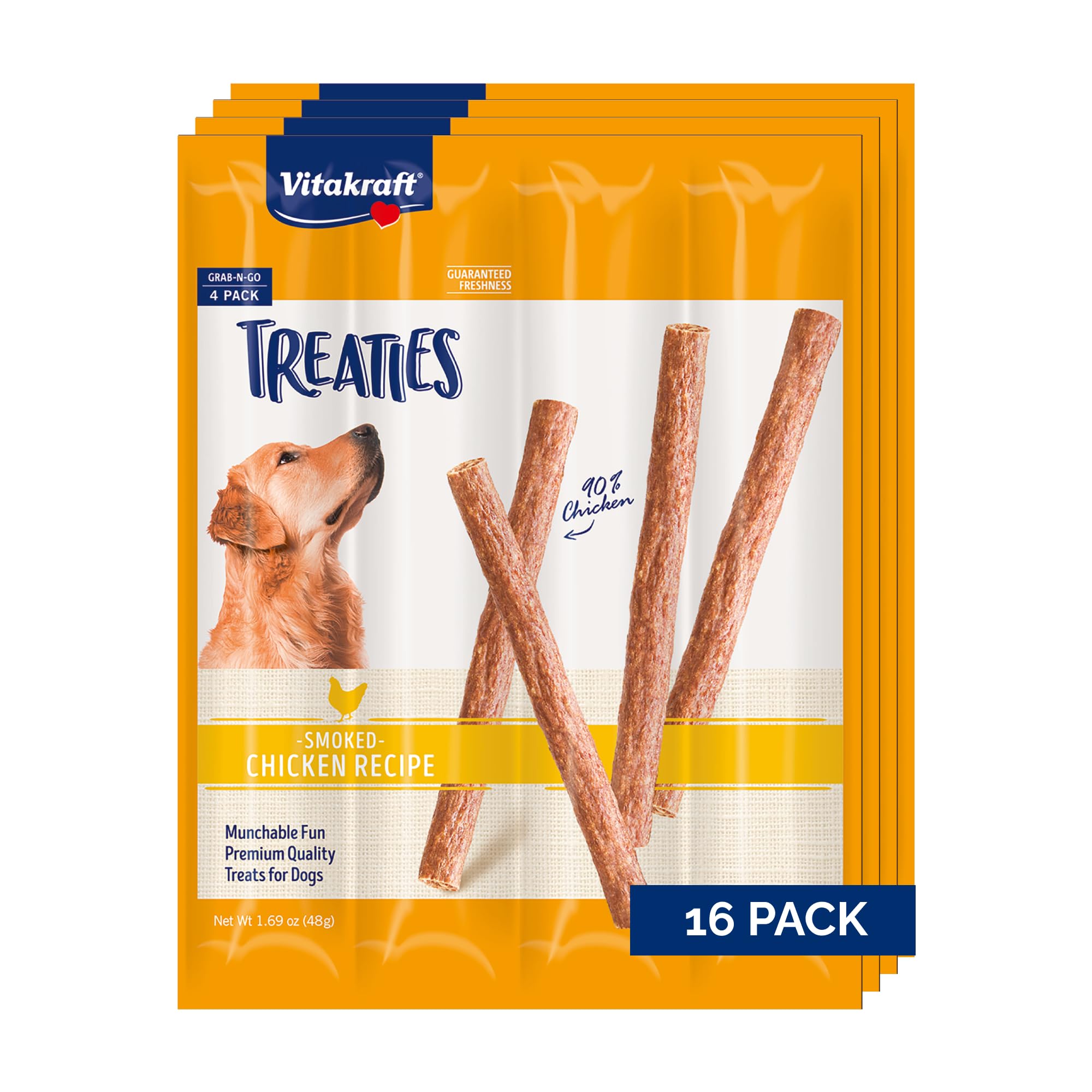 Vitakraft Treaties bâtonnet poulet fumé emballage individuel, snack pratique en déplacement.