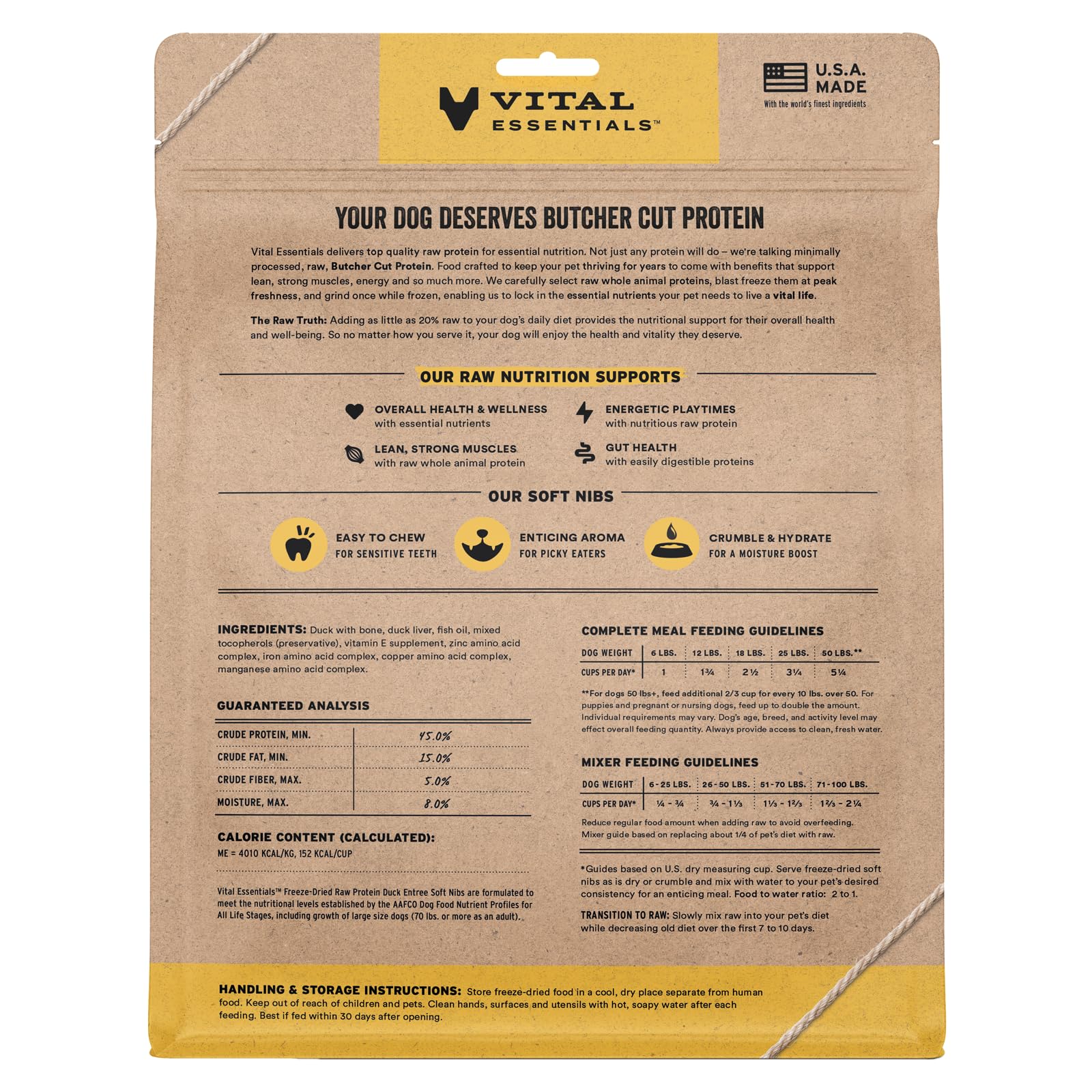 Vital Essentials aroma de pato crudo, opción de alta proteína para perros activos.