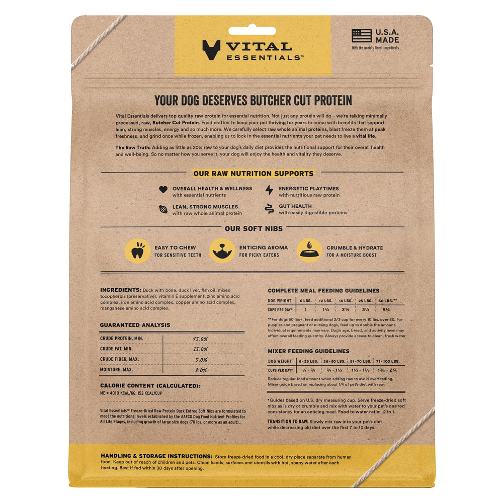 Vital Essentials aroma de pato crudo, opción de alta proteína para perros activos.