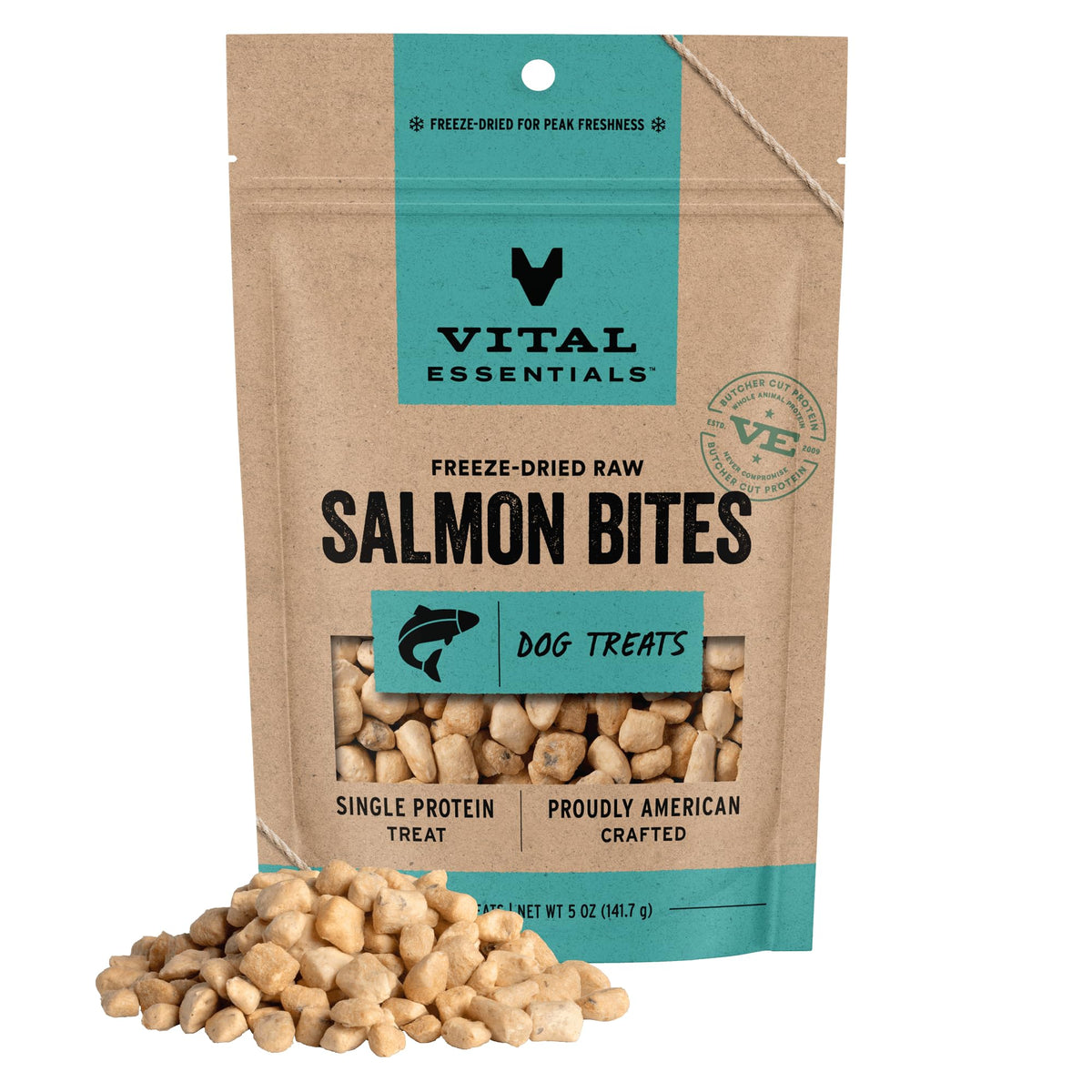 Vital Essentials bocados salmón crudo – paquete, snack proteico para perros activos.