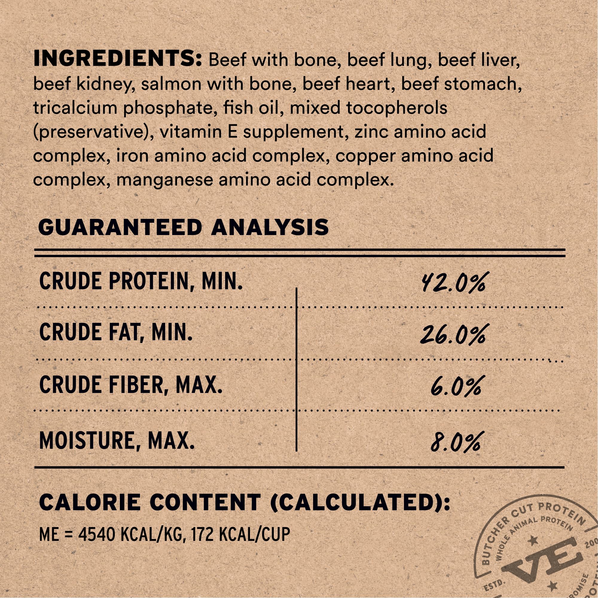 Vital Essentials: etiqueta de calidad muestra ingredientes sin aditivos.