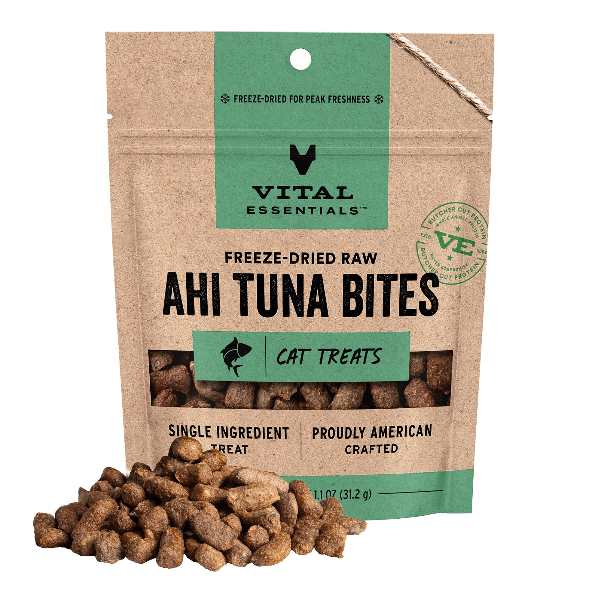 Vital Essentials bolsita atún Ahi crujiente: snack proteico para gatos