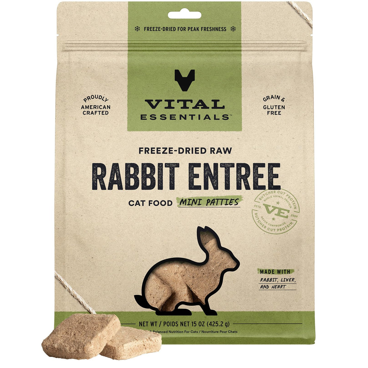 Vital Essentials conejo mini tortitas frente; proteína de alta calidad para gatos