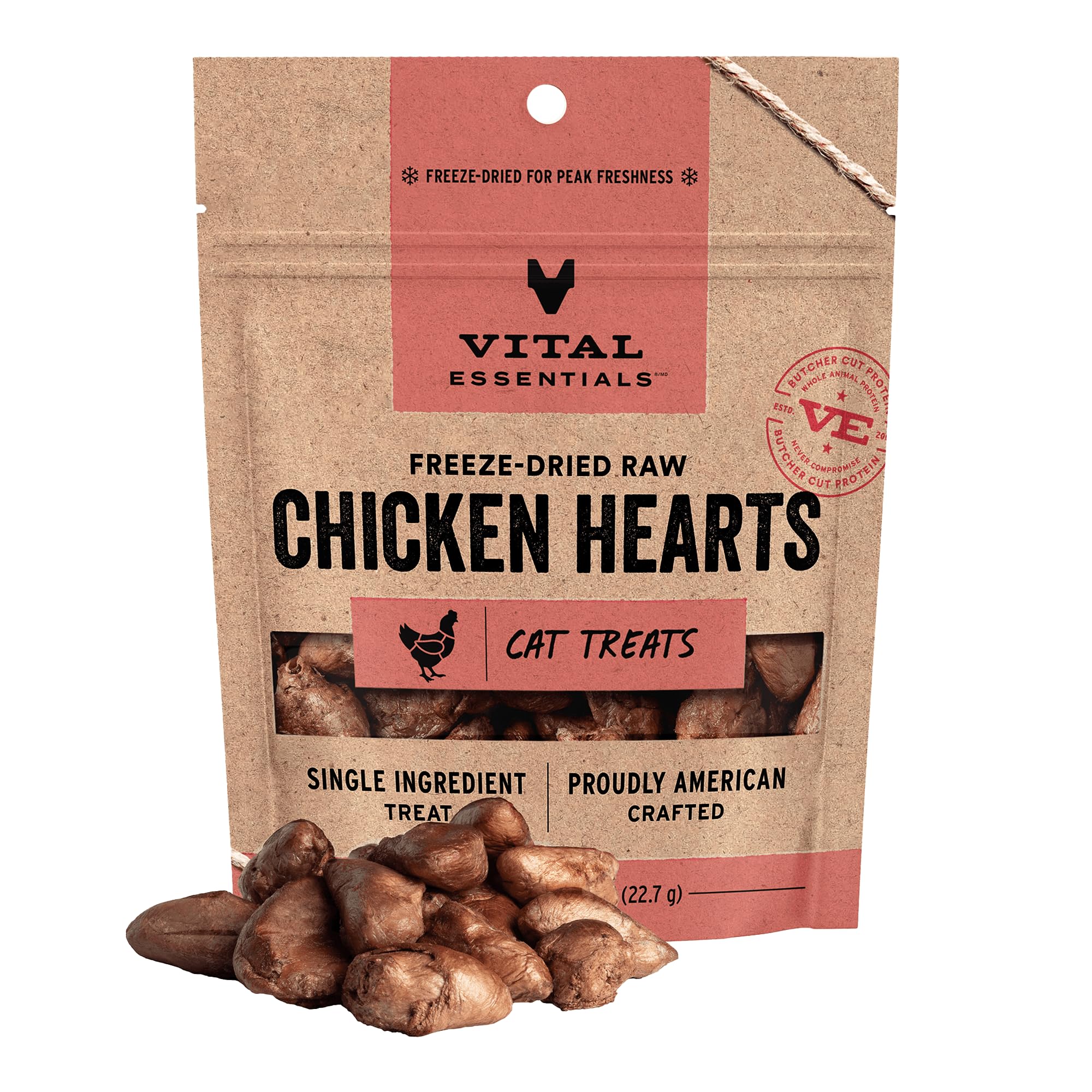 Vital Essentials corazones de pollo liofilizados en bolsa 0,8 oz para gatos.