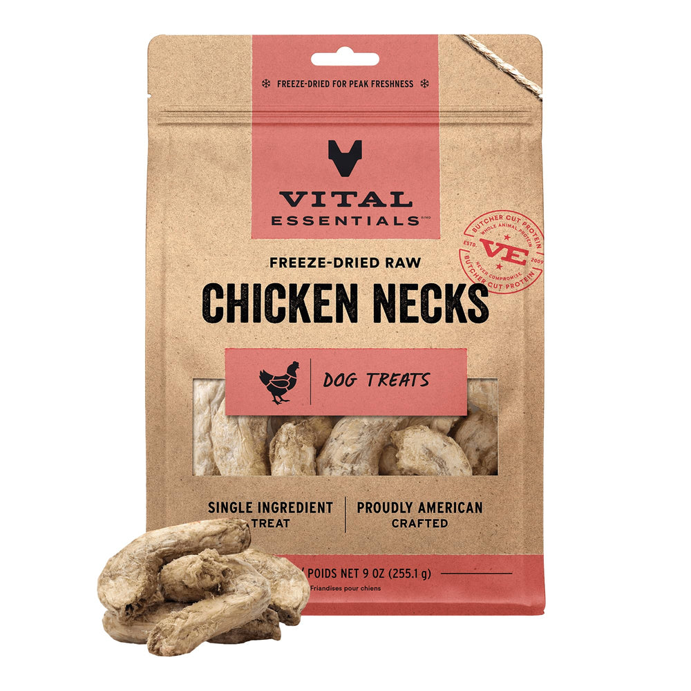 Vital Essentials cuellos de pollo deshidratados en bolsa de 9 oz para perros