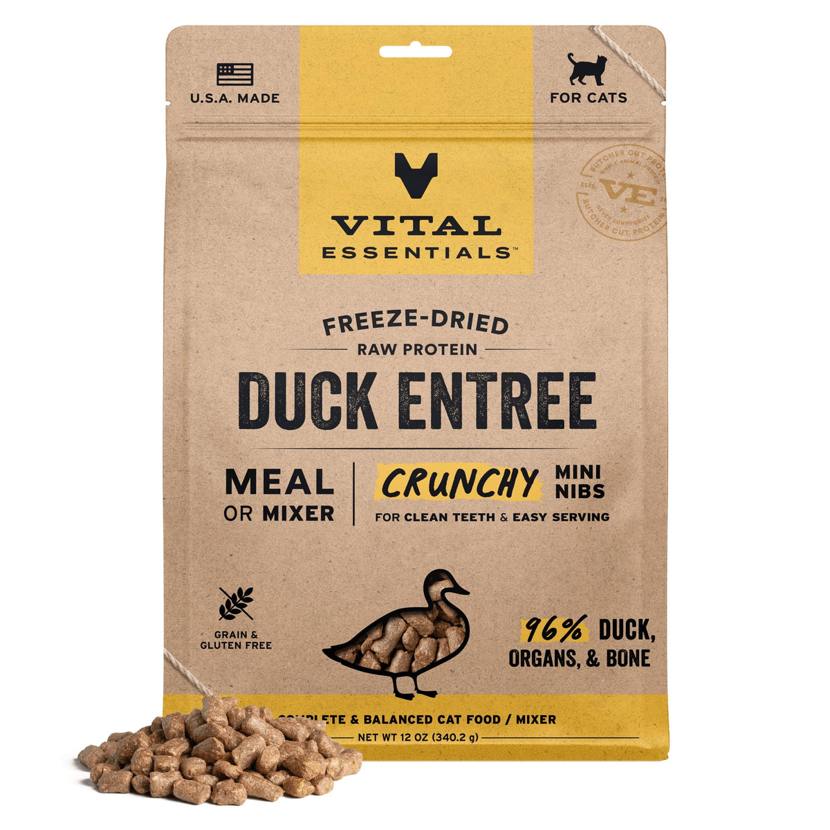 Vital Essentials mini nibs de pato crujientes en bolsa, fuente de proteína para gatos.