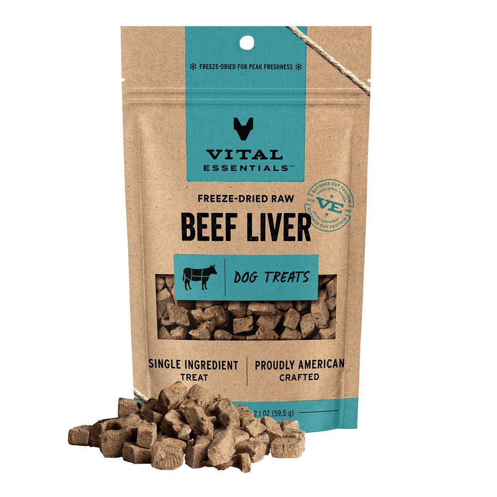 Vital Essentials Hígado de Res Liofilizado para perros, ideal para entrenamiento diario.