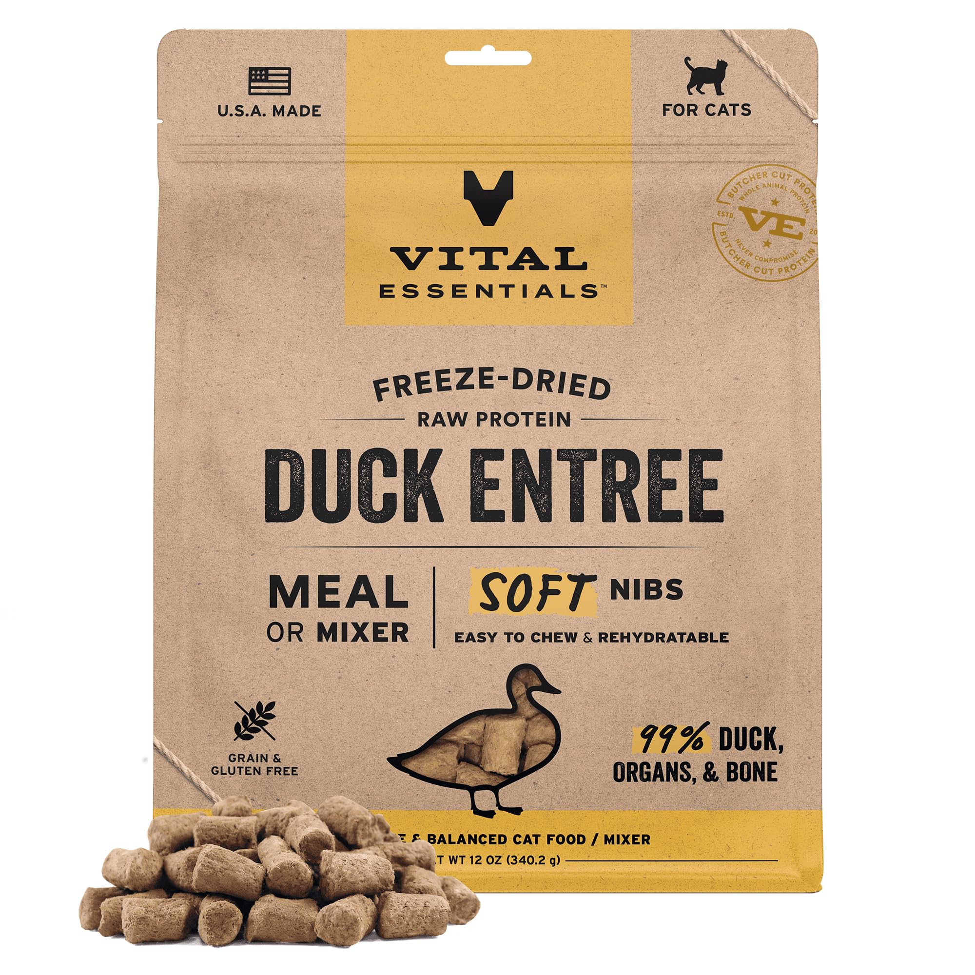 Vital Essentials liofilizado de pato, mordiscos suaves, snack proteico para gatos.
