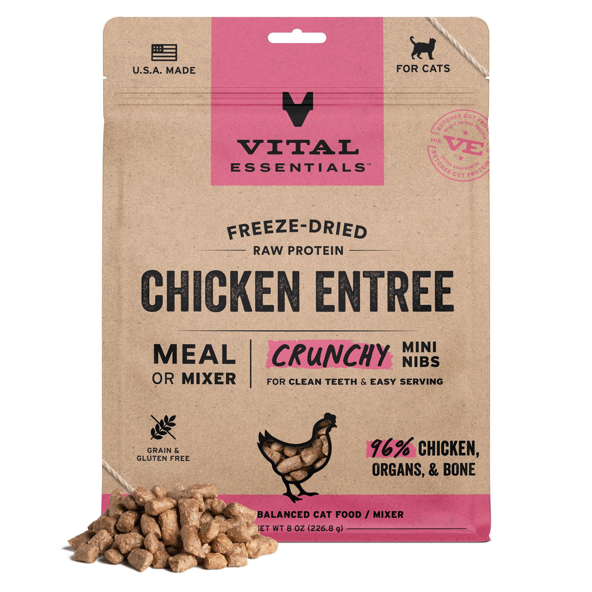 Vital Essentials mini nibs, trocitos de pollo crudo crujientes para gatos