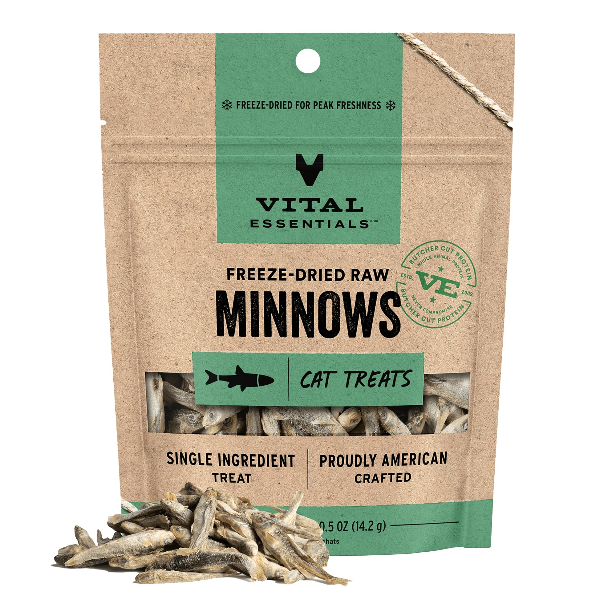 Vital Essentials Minnows: bolsa 0,5 oz snack proteico para gatos.