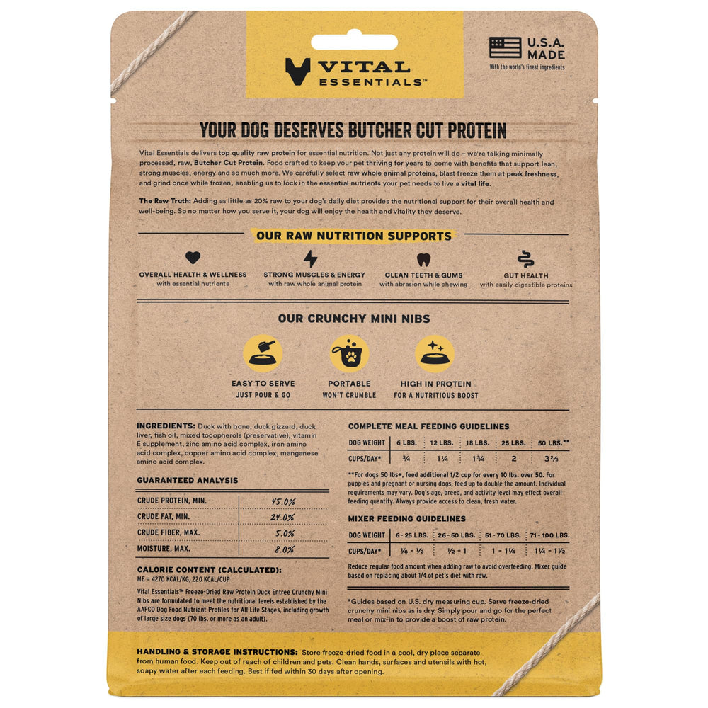 Vital Essentials pato crudo mini nibs bocaditos crujientes para perros.
