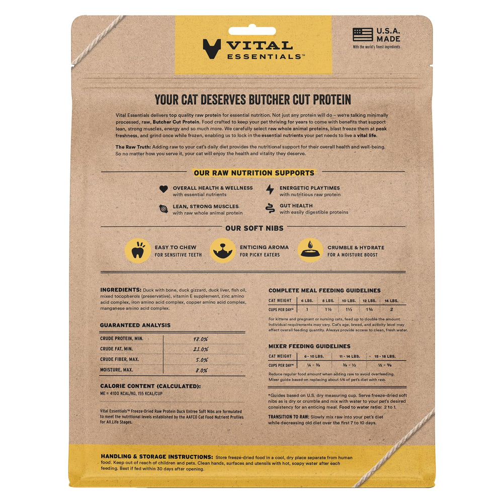 Vital Essentials pato liofilizado, alta proteína para la dieta diaria.