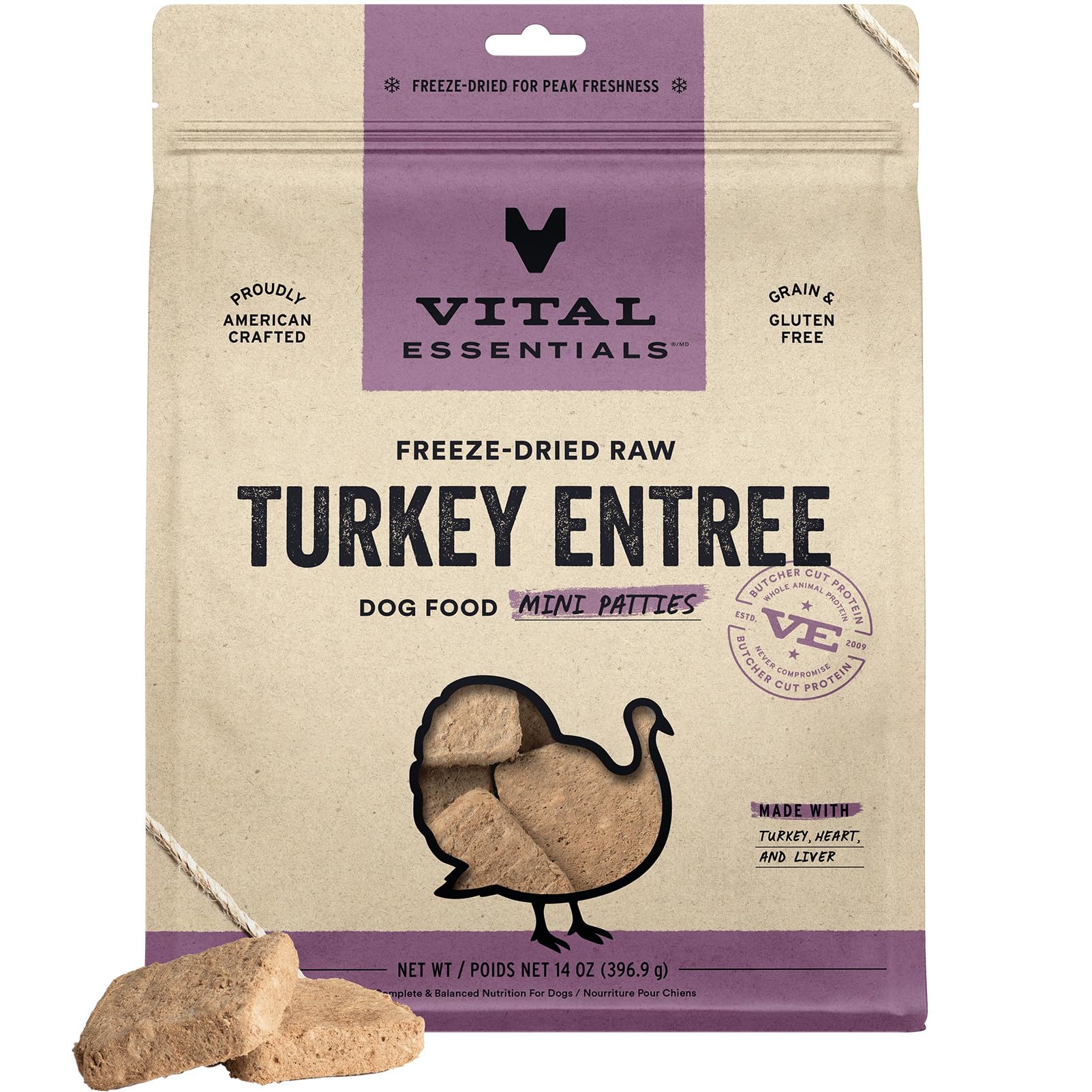 Vital Essentials pavo mini pastelitos en plato, opción de comida completa para perros activos