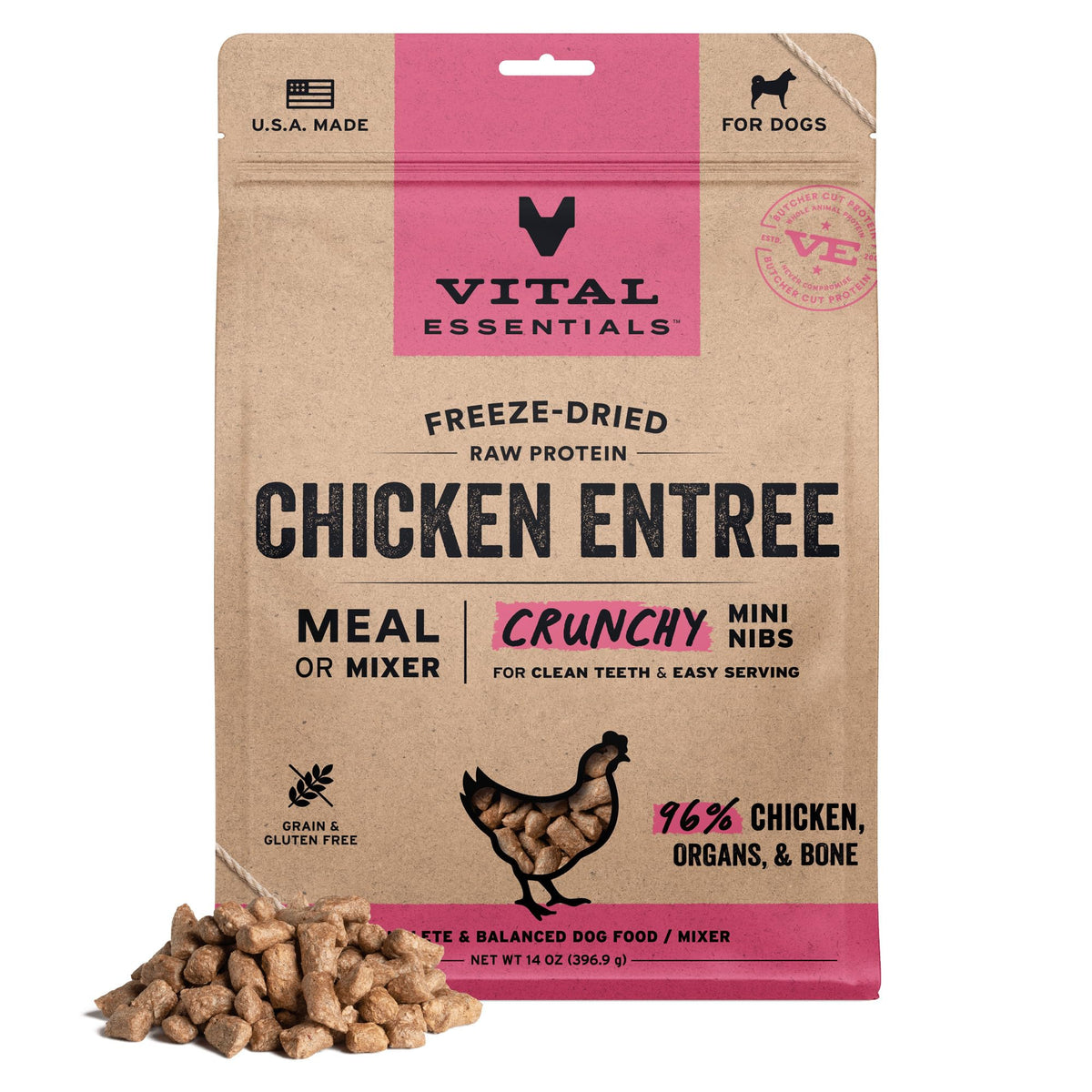 Vital Essentials: pollo deshidratado crujiente en mini trocitos para proteína alta.