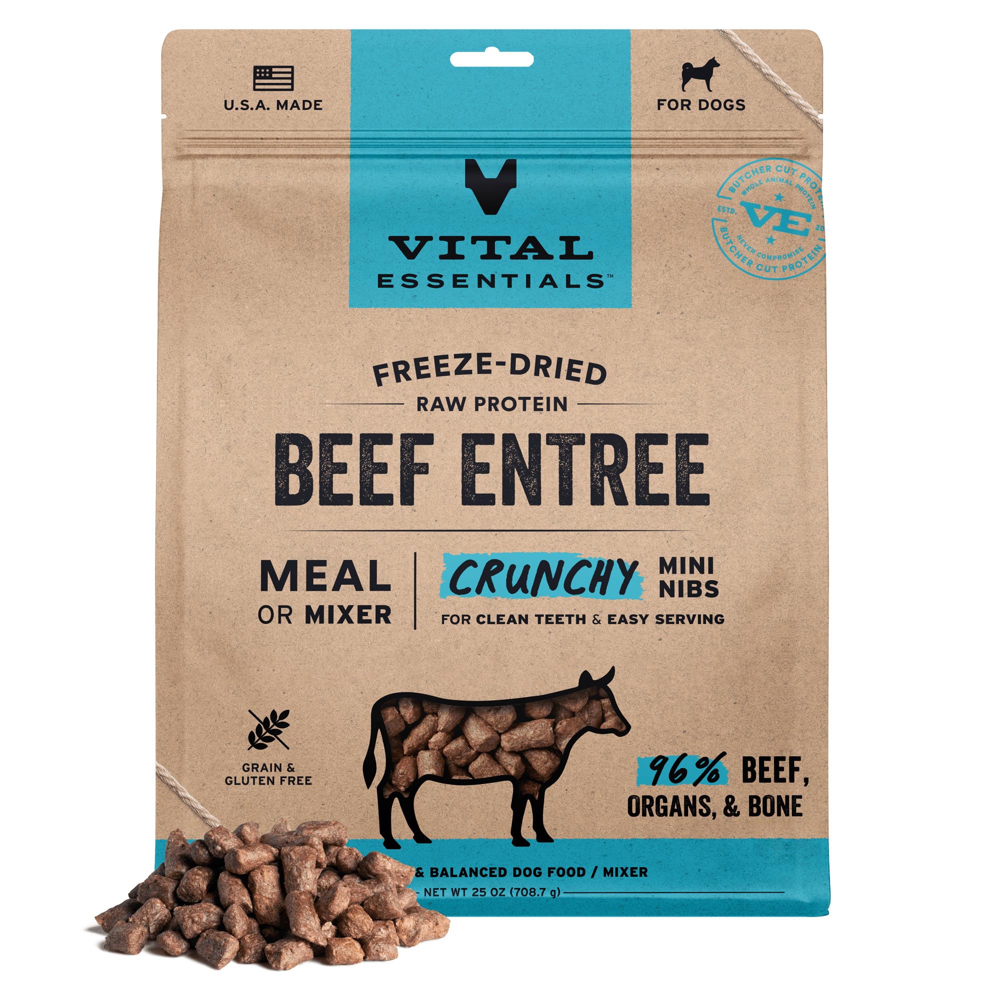 Vital Essentials: mini-bocados crujientes de res cruda para una proteína completa.