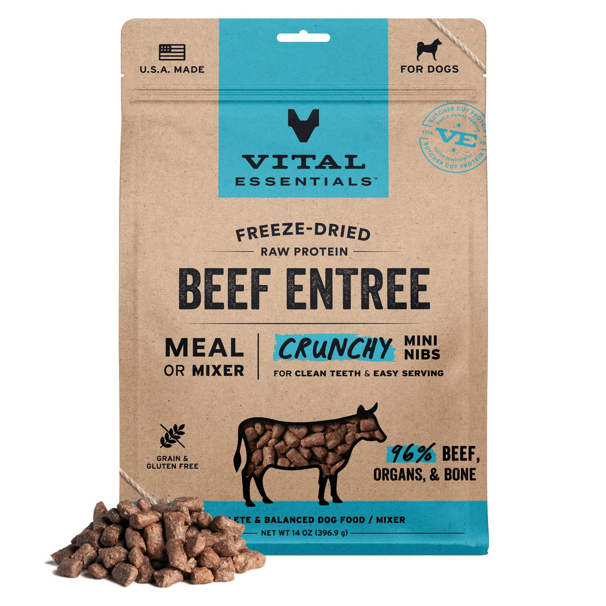 Vital Essentials trocitos de res crujientes para perros, alta proteína.