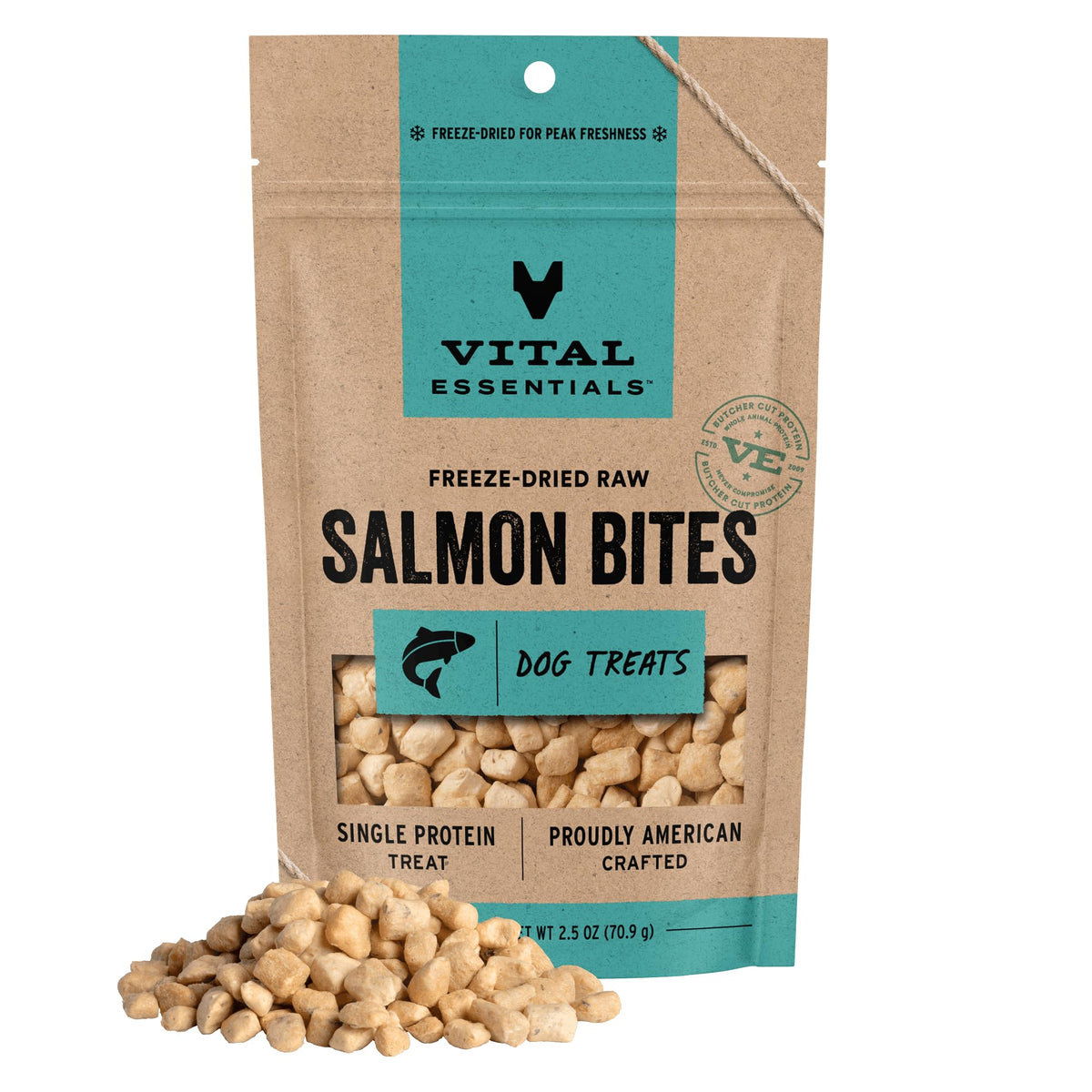 Vital Essentials salmon bites liofilizados: proteína pura para perros activos