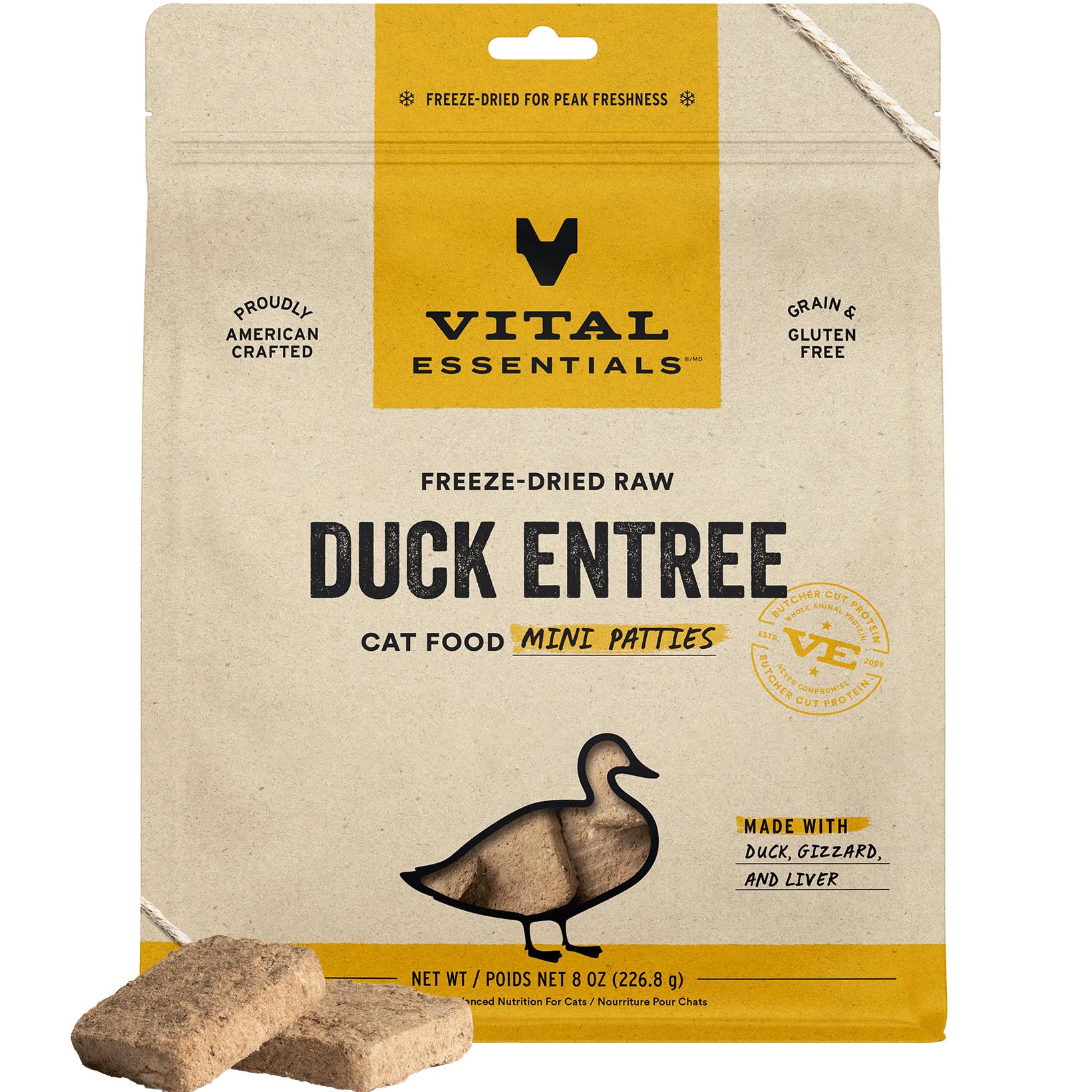 Vital Essentials tortitas pato liofilizadas, porciones fáciles para comida completa.