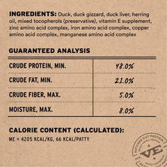 Vital Essentials tortitas de pato liofilizado, porciones fáciles para una alimentación diaria.