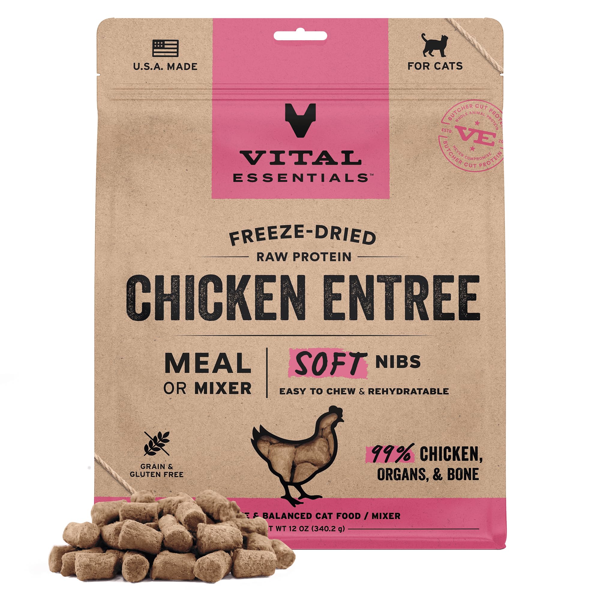 Vital Essentials trocitos pollo liofilizados bolsa abierta muestra textura suave para gatos