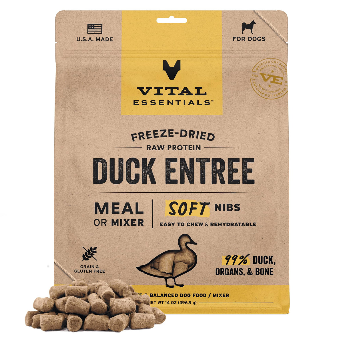 Vital Essentials trozos suaves pato crudo fríos, para una comida más sabrosa.