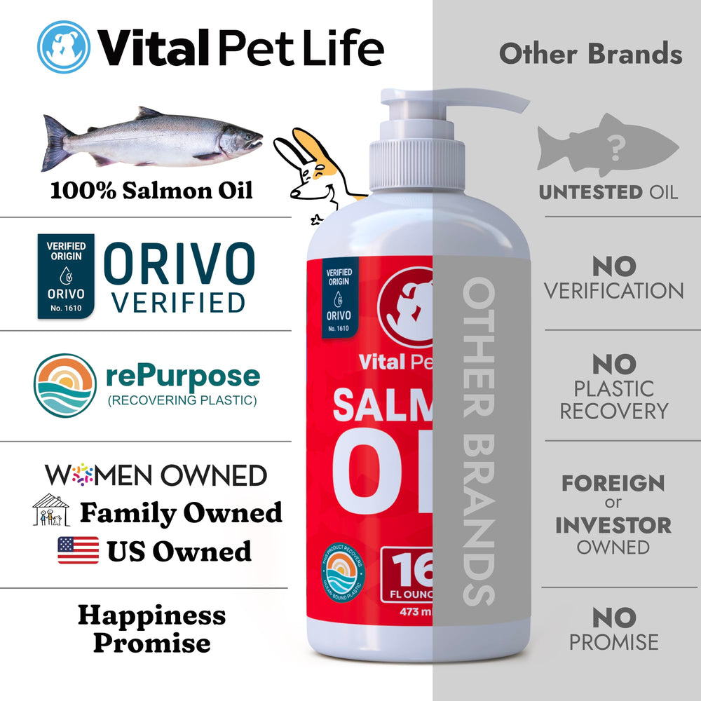 Vital Pet Life aceite de salmón, envase práctico para uso diario.