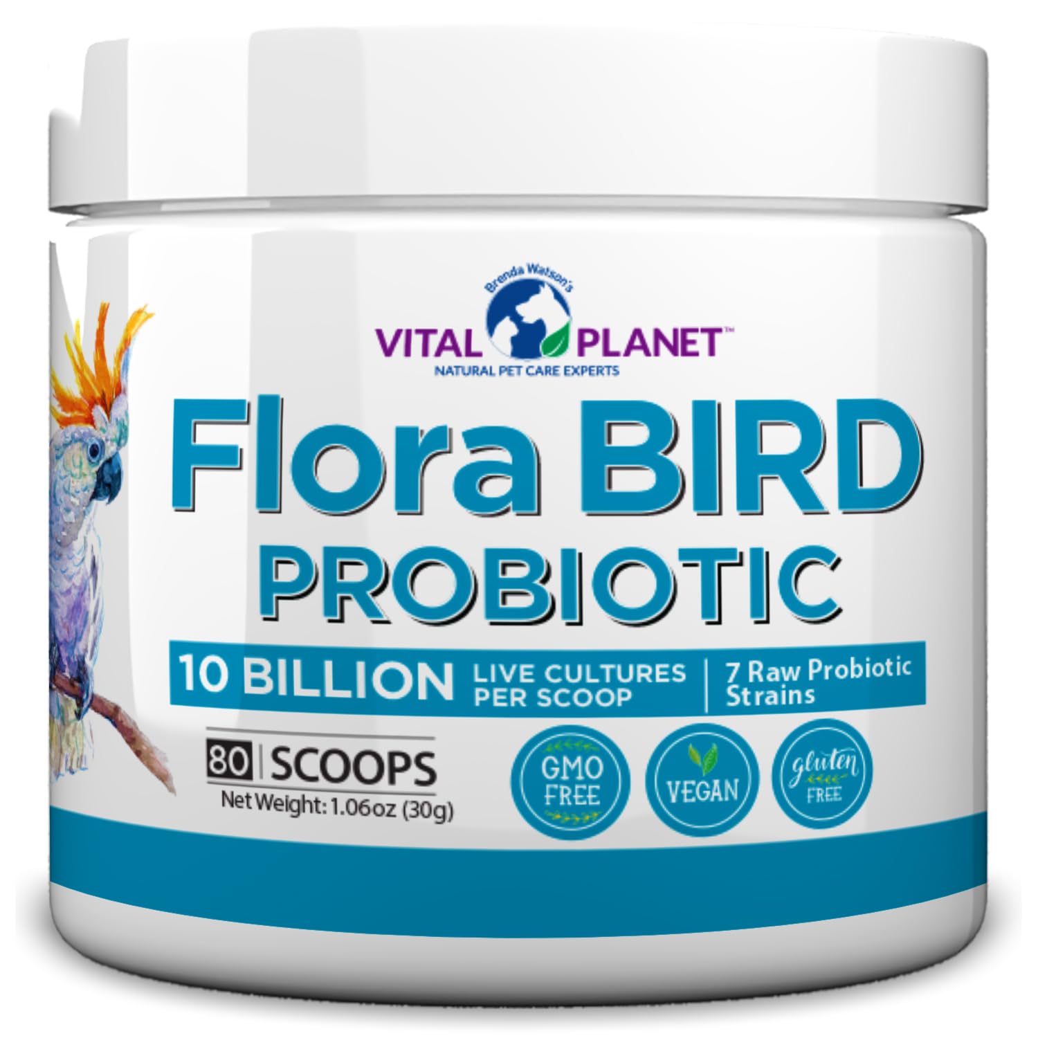 Vital Planet Flora Bird: envase compacto con polvo probiótico para aves.