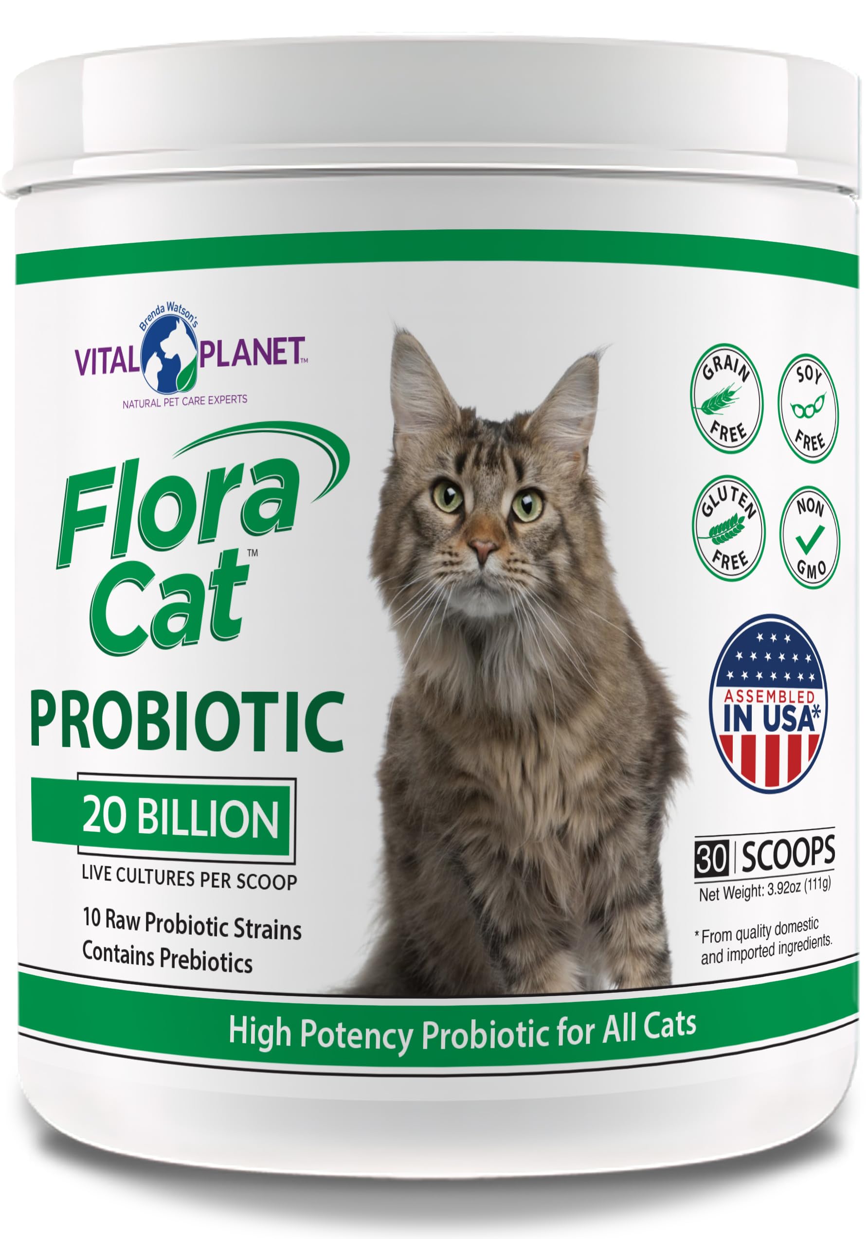 Vital Planet Flora Cat Probiotico en botella con dispensación para dosis diarias.