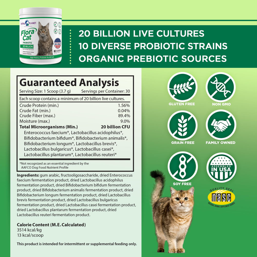 Vital Planet Flora Cat Probiotico con cucharilla-medida para añadir al alimento.