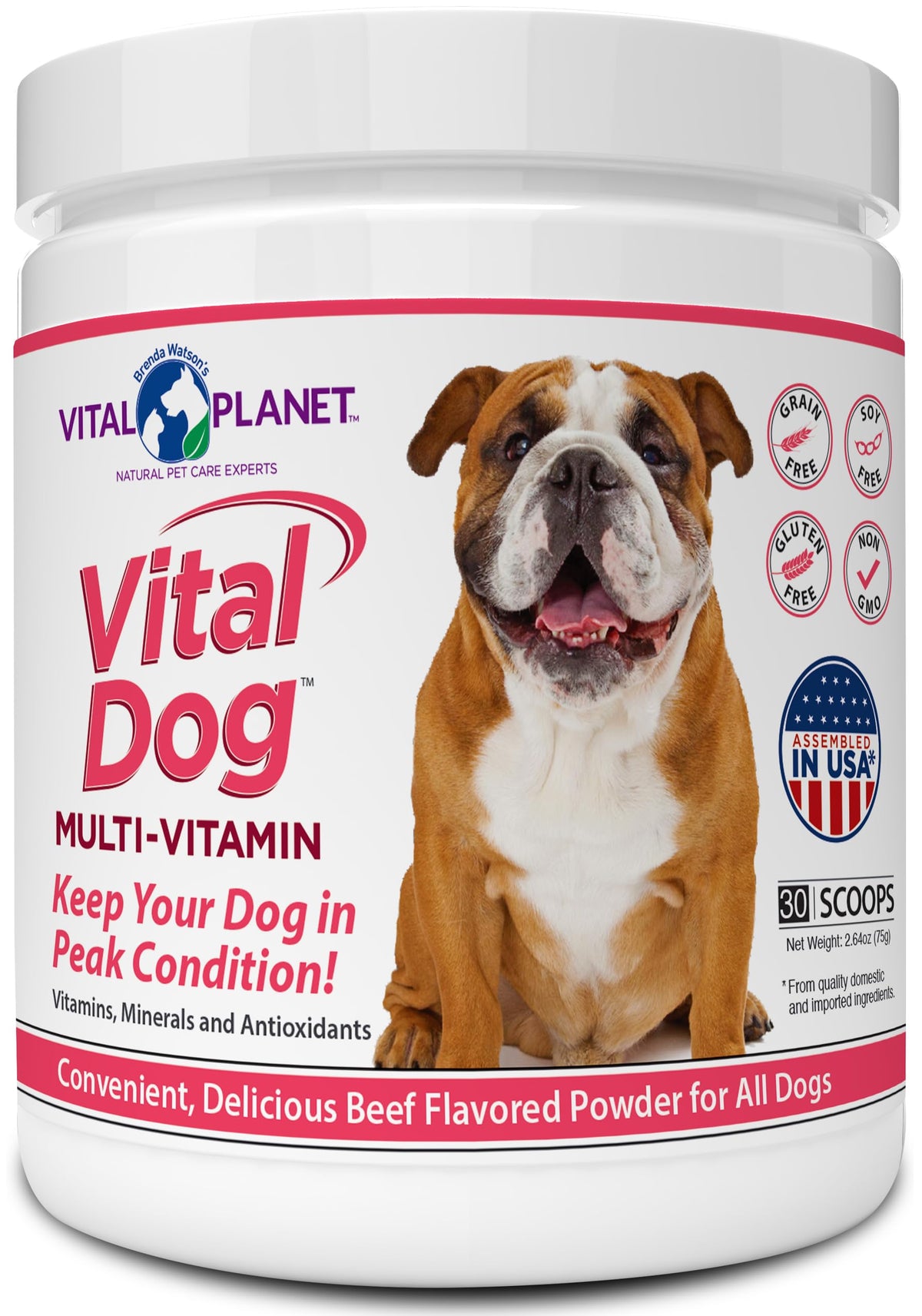 Vital Planet Vital Dog polvo sabor carne en envase, fácil de medir y añadir a la comida.