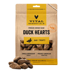 Vital Essentials corazones de pato secos, snack proteico para perros.