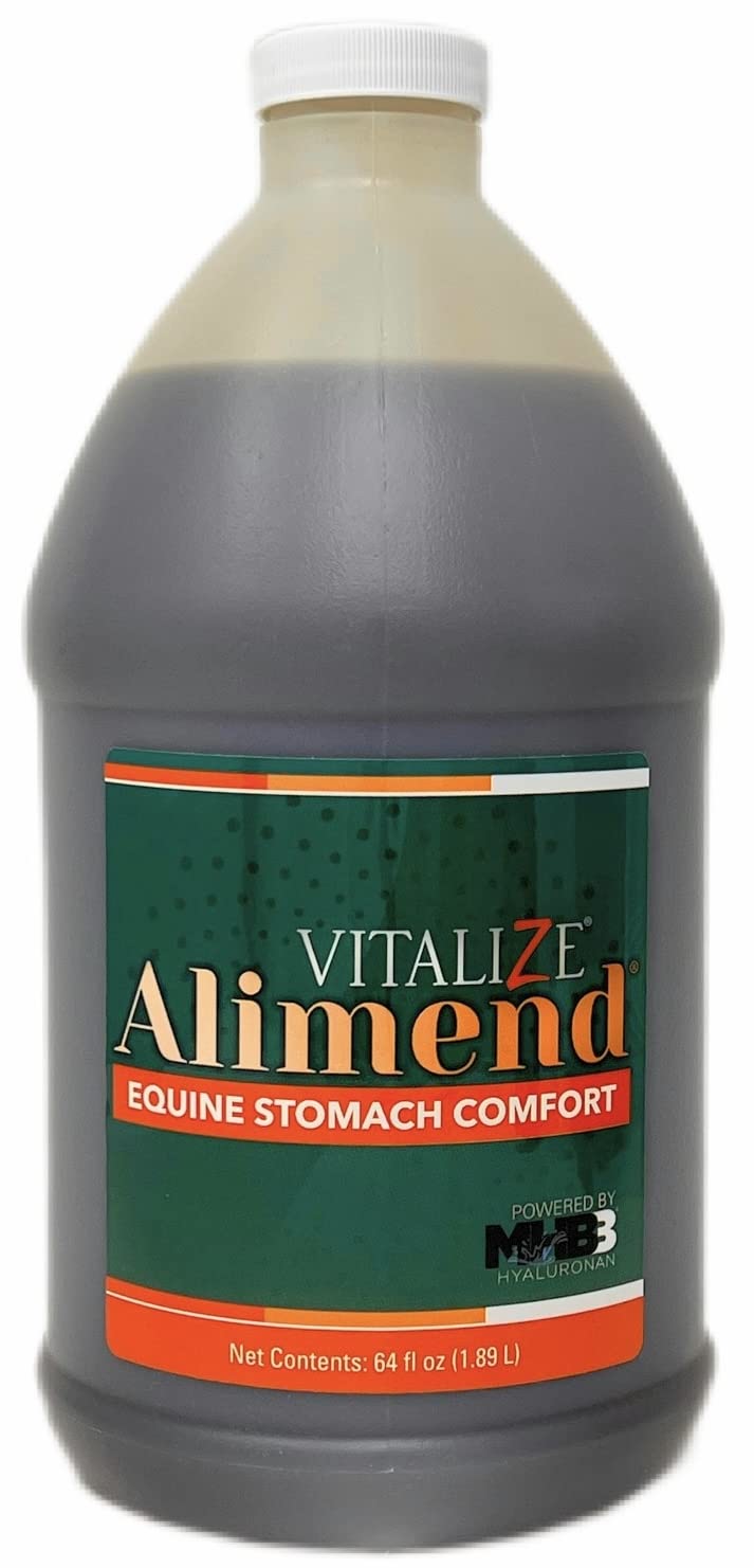 Vitalize Alimend: botella volcada, apoyo estomacal para caballos en entrenamiento