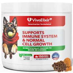 VivaElixir frasco de suplemento para perros visto de frente, apoyo inmune diario