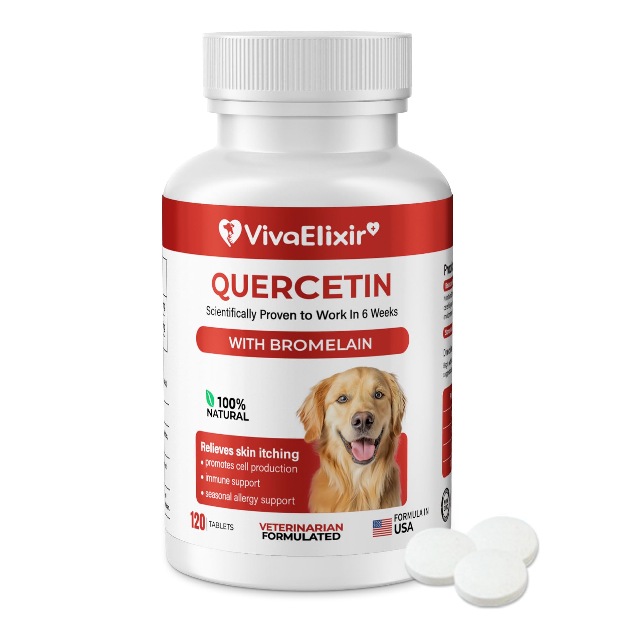 VivaElixir Quercetina Bromelina, tabletas para perros en botella, apoyo a la piel.