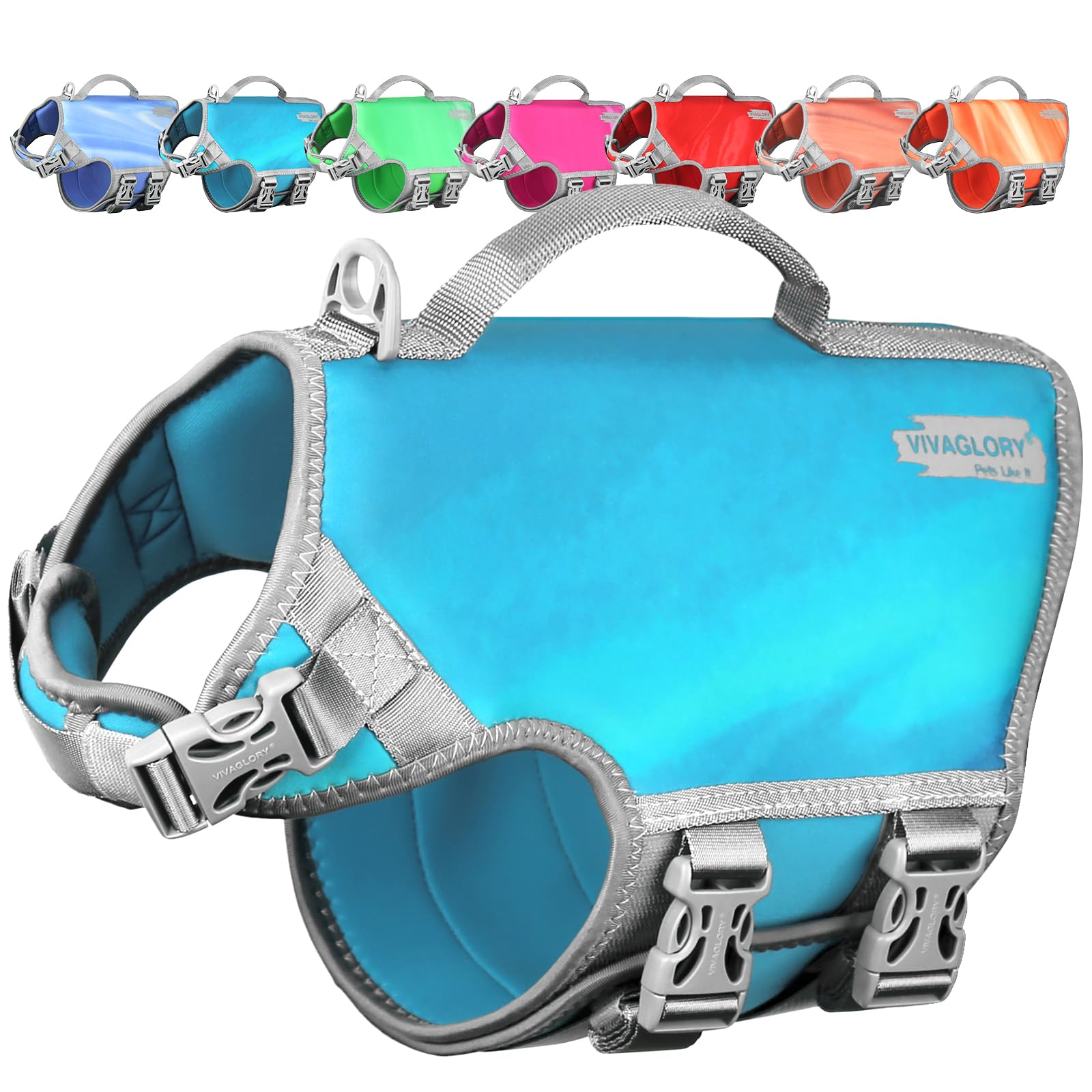 Chaleco salvavidas VIVAGLORY de neopreno turquesa para perros, comodidad y flotación al nadar.