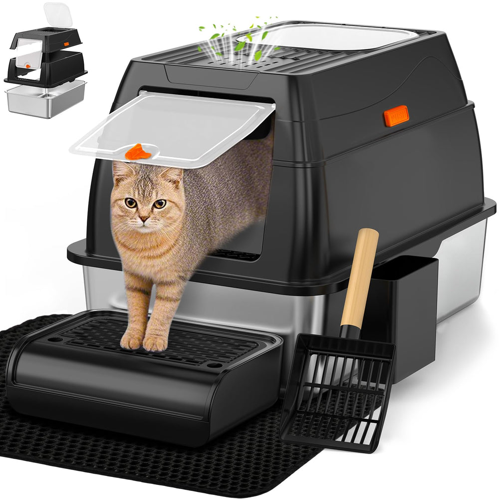 Vivifying bandeja de acero inoxidable con tapa frontal, entrada controlada para gatos