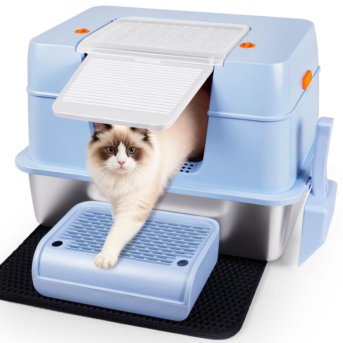 Vivifying caja arena de acero inoxidable con tapa y entrada lateral, ideal para gatos grandes.