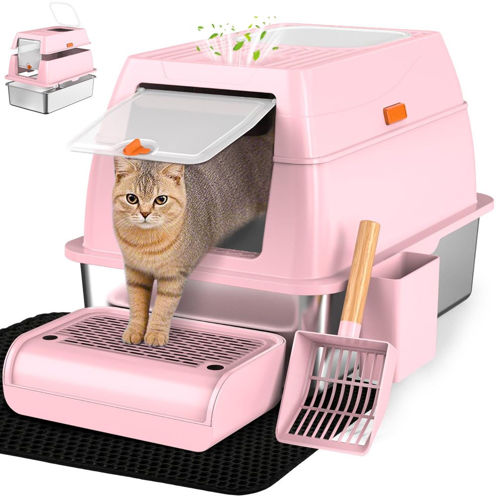 Vivifying caja de arena rosa de acero inoxidable frente entrada, ideal para gatos grandes.